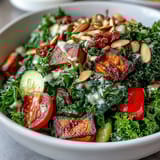 Freshly sliced red bell peppers and zucchini add color to a hearty Kale Salad Bowl tossed in creamy tahini dressing.