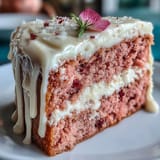 Luscious pink rosé velvet cake with creamy frosting and opulent gold drip.