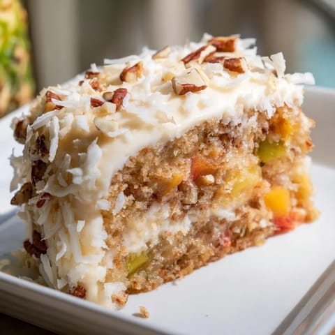 A slice of moist Fruit Cocktail Cake, generously frosted with sweet, shredded coconut.