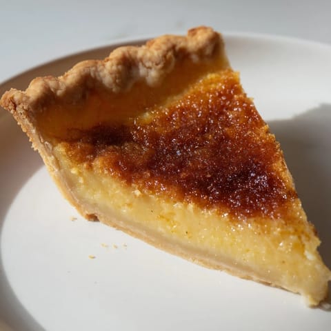 Golden, flaky Chess Pie slice with a rich custard filling, ideal for a sweet treat.