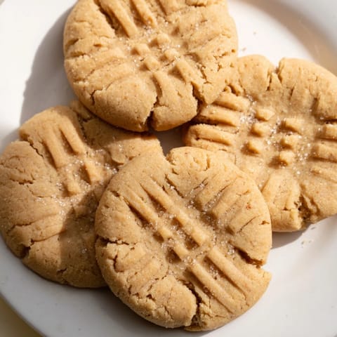 Warm, golden Peanut Butter Cookies with a classic crosshatch design, ready to enjoy.