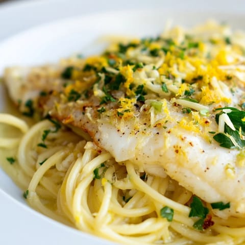 Freshly prepared Lemon Bass Pasta with tender grilled sea bass, vibrant lemon wedges, and herbs, perfect for a light Italian-inspired main dish.  
