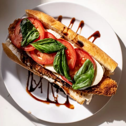 Golden, breaded chicken cutlets topped with melted mozzarella and fresh basil leaves, layered on toasted ciabatta for a Crispy Chicken Caprese Sandwich.