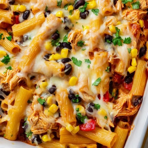 Golden-brown Chicken Burrito Pasta Bake with melted cheddar and Monterey Jack cheese topping, bubbling in a baking dish.  
