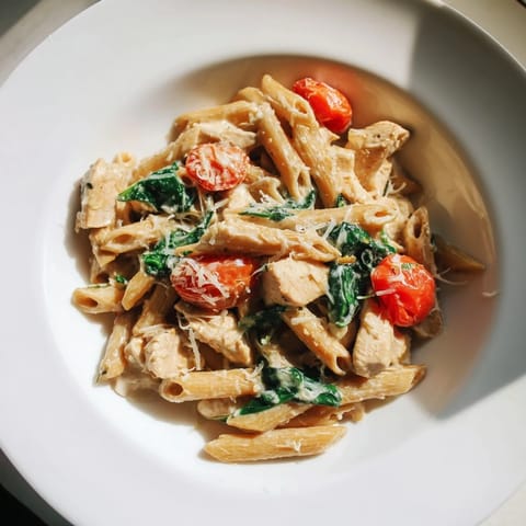 Savory Greek Yogurt Chicken Pasta garnished with fresh basil and Parmesan, steaming warmly as the creamy sauce coats each pasta spiral and chicken piece.