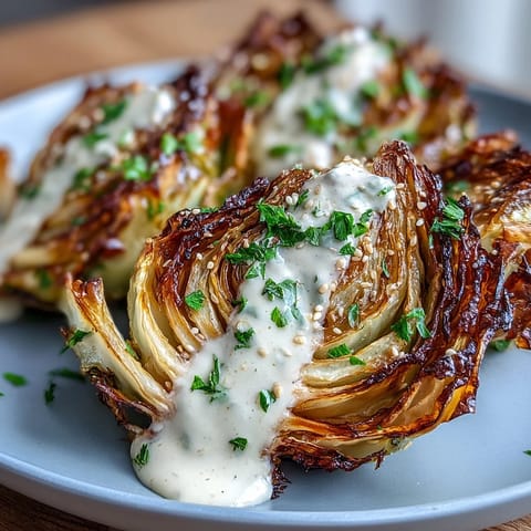 Golden-brown roasted cabbage wedges with crispy edges are arranged on a platter, drizzled with creamy tahini sauce and sprinkled with fresh parsley and toasted sesame seeds.  