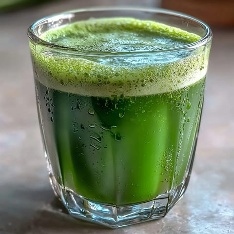 Bright green Cabbage and Kale Detox Juice served over ice in a tall glass, garnished with fresh lemon slices for a zesty, refreshing flavor.