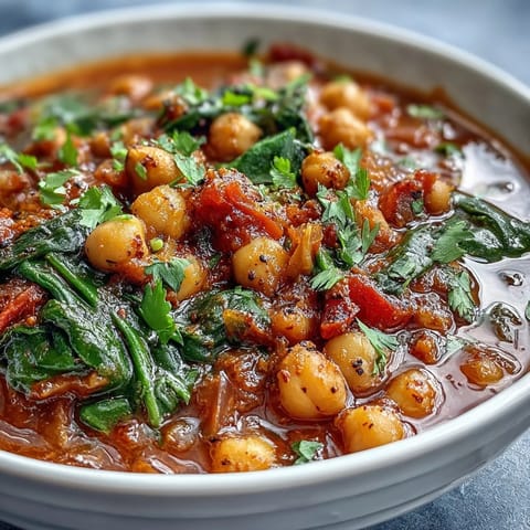 Garnished with fresh cilantro, this Spicy Chickpea Stew features chunky vegetables and chickpeas simmered in aromatic spices.
