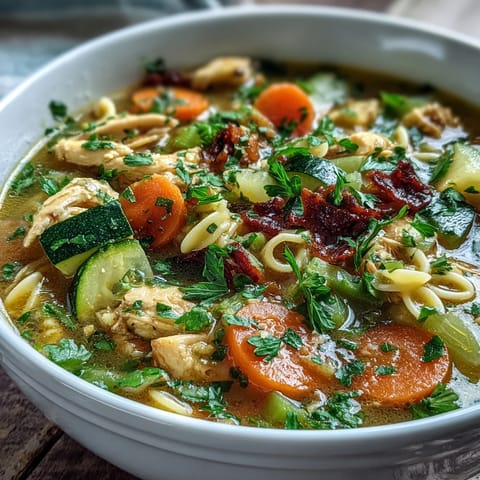 This comforting Pasta Soup With Chicken and Vegetables is served in a rustic bowl, garnished with fresh parsley and a side of crusty bread for dipping.  