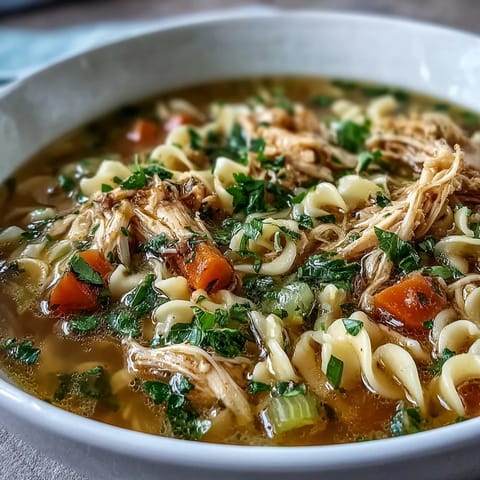 Close-up of steaming chicken and noodle soup, showcasing glossy egg noodles and bright orange carrots in a hearty, homemade broth.