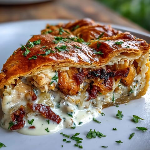 A close-up of Chicken and Leek Pie reveals smoky bacon bits in a rich, savory sauce under a crisp crust. 