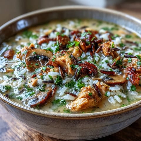 Hearty Parmesan Mushroom Chicken and Wild Rice Soup with tender chicken and earthy mushrooms in a creamy broth. 