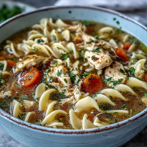 Homemade Chicken Noodle Soup served in a rustic ceramic bowl, garnished with fresh parsley and ground black pepper.  