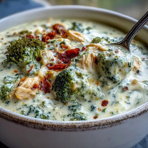 A close-up of Best Chicken Broccoli Cheddar Soup featuring tender chicken, vibrant green broccoli florets, and melted cheddar in a creamy broth.