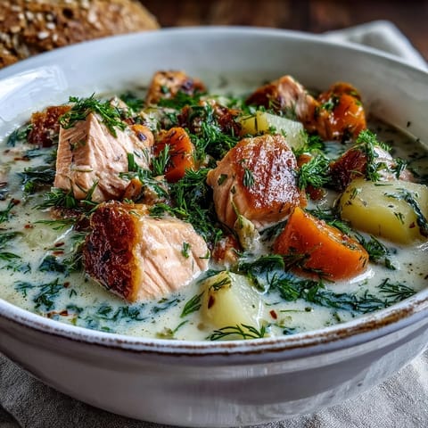 Hot Finnish Salmon Soup ladled from a pot, featuring vibrant carrots and leeks.