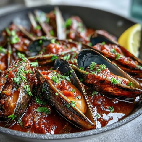 Tender Smoky Mussels Pomodoro in a vibrant red tomato broth, garnished with fresh parsley and bright lemon wedges.