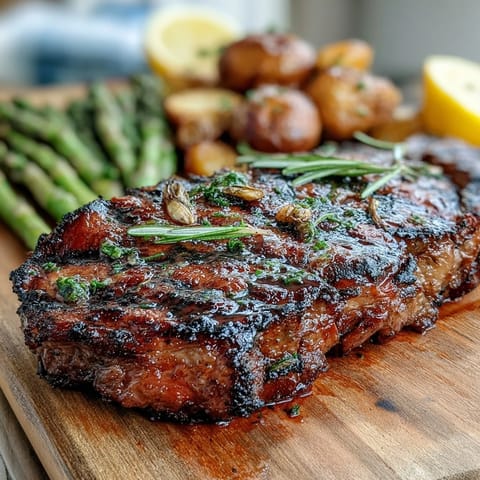 Perfectly grilled bone-in rib eye with juicy pink center, paired with buttery parsley potatoes and lemon wedges for a classic American steak dinner.