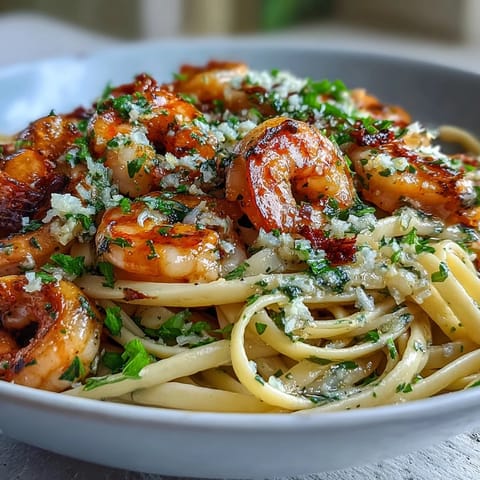Golden shrimp sizzling in a skillet with minced garlic for a classic Shrimp Scampi With Linguine.
