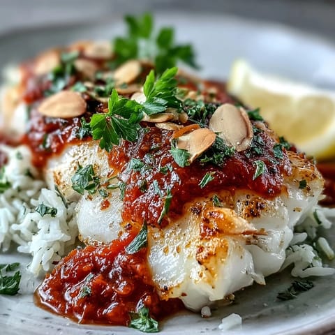 Golden Tomato-Roasted Cod flaking easily, topped with spiced almonds and fresh parsley next to lemon wedges.