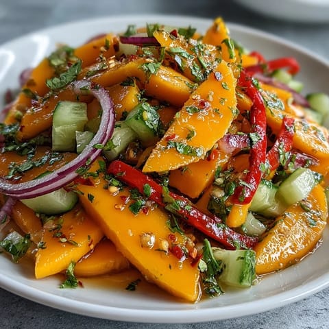 Refreshing Mango Salad with lime dressing served in a wide white bowl, perfect for a vibrant light lunch or healthy side.