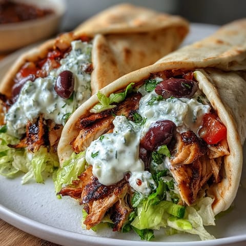 Warm pita holds juicy oregano chicken, fresh vegetables, and tangy tzatziki sauce for a handheld dinner.