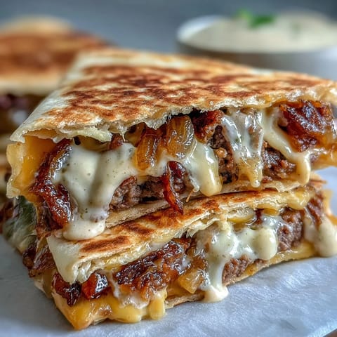 Golden-brown griddled Cheesy Griddled Smashburger Quesadillas ooze with melted cheddar and American cheese, filled with smashed beef patties and sweet onions.