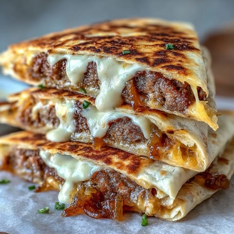 Crisp tortillas cradle cheesy smashburger patties and caramelized onions for a hearty dinner slice topped with tangy mayo-mustard sauce.