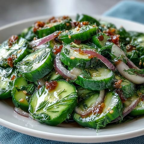 Bright, chilled Refreshing Crunchy Cucumber Salad with thinly sliced cucumbers and red onion, tossed in a tangy vinegar dressing and finished with fresh dill. 