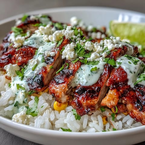 Fork-tender citrus-marinated chicken thighs top fluffy rice and smoky charred corn for a vibrant Street Corn Chicken and Rice Bowl. 