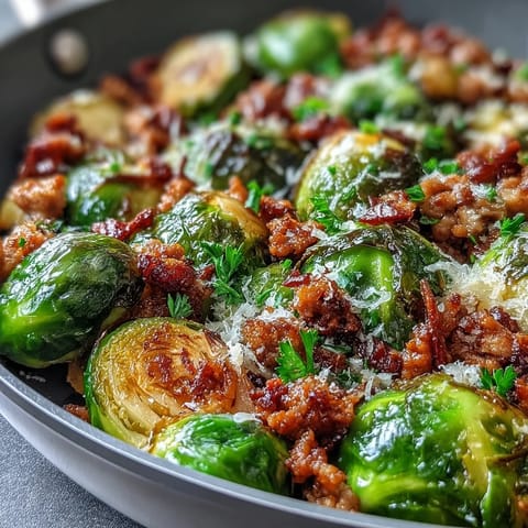 Golden-brown Brussels sprouts and savory ground turkey sizzle in a skillet, finished with fresh parsley and lemon.