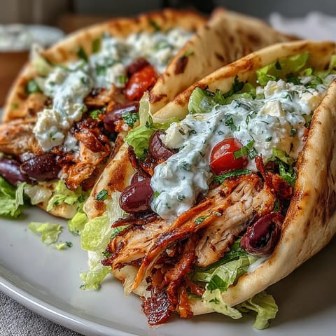 Sizzling Mediterranean Chicken Gyros, charred and piled high with creamy feta tzatziki, lettuce, tomatoes, and olives.