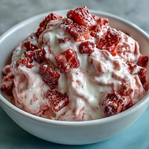 Creamy Strawberry & Banana Yoghurt Clusters are ready to eat after thawing for a few minutes on a plate.