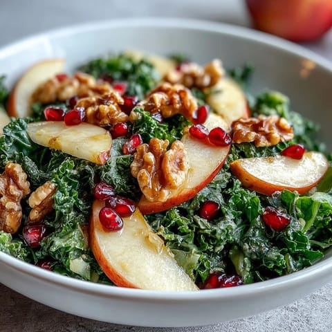 Fresh massaged kale tossed with pomegranate seeds, crisp apple slices, and crunchy walnuts, all drizzled with tangy apple cider vinaigrette.