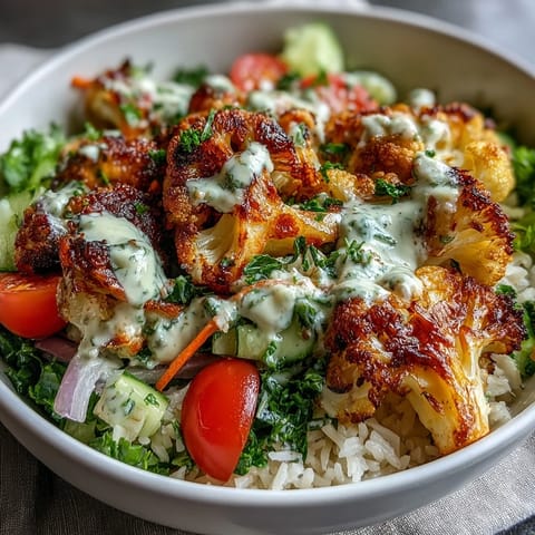 Golden herb-roasted cauliflower florets sit atop fluffy rice in a vibrant Roasted Cauliflower Bowl.