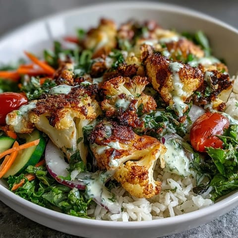 A Roasted Cauliflower Bowl features colorful vegetables and a creamy, zesty tahini sauce drizzle.