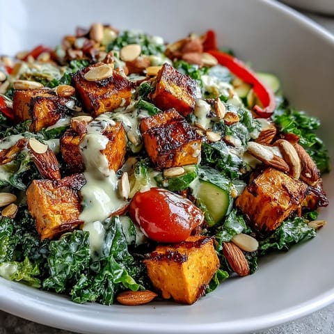 Bright massaged kale and golden roasted sweet potatoes in a vibrant Kale Salad Bowl, topped with almonds and pumpkin seeds.