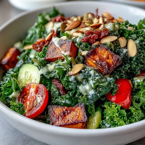 Freshly sliced red bell peppers and zucchini add color to a hearty Kale Salad Bowl tossed in creamy tahini dressing.