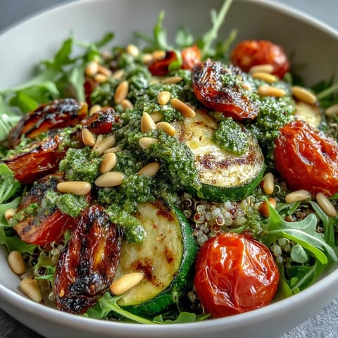 Freshly roasted vegetables and quinoa are tossed in a vibrant homemade arugula pesto for this nourishing Arugula Pesto Bowl. Served over crisp greens, it’s topped with shaved Parmesan and pine nuts. Perfect for an easy, healthy vegetarian dinner.