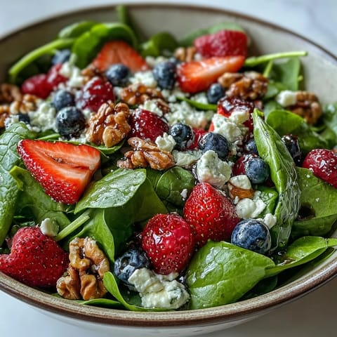 Vibrant baby spinach and fresh mixed berries tossed with creamy goat cheese and crunchy toasted walnuts, drizzled with tangy homemade balsamic vinaigrette for a light lunch.