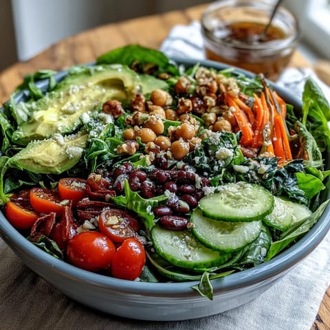 Fresh Mixed Greens Power Bowl topped with colorful cherry tomatoes, cucumber, and sliced avocado.