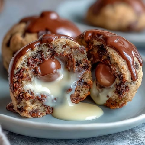 Cadbury Egg Stuffed Chocolate Chip Cookies with gooey Cadbury Creme Egg centers in golden brown cookies.