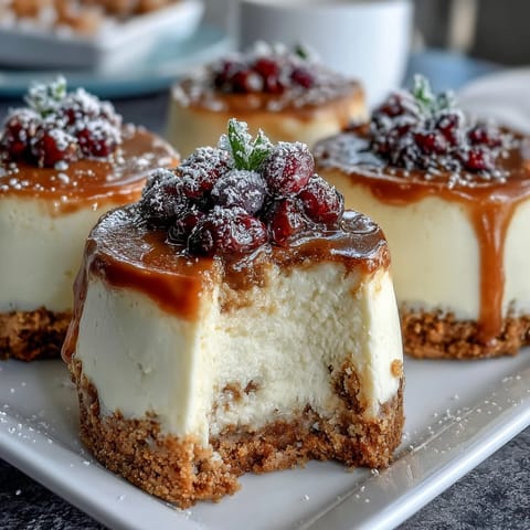 Bite-sized cheesecakes with buttery graham crust, topped with fresh berries for a festive dessert spread.