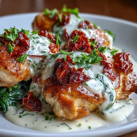 Creamy Tuscan Chicken with Sun-Dried Tomatoes in a rich Parmesan sauce with wilted spinach and fresh basil.