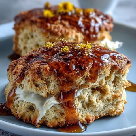 1. Golden honey scones dotted with dandelion petals, served warm with rich clotted cream for a springtime brunch treat.