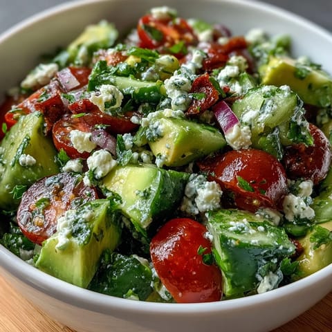 Cucumber Tomato Avocado Salad with Lemon Dressing: a vibrant mix of crisp cucumbers, juicy tomatoes, and creamy avocado in a tangy lemon dressing.