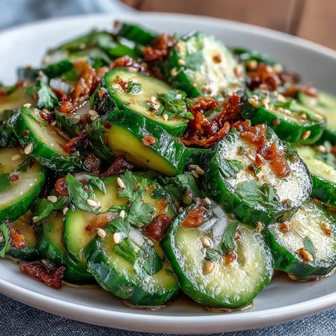 Smashed cucumber salad with garlic chili oil, bursting with garlicky, spicy, and tangy Asian-inspired flavors.