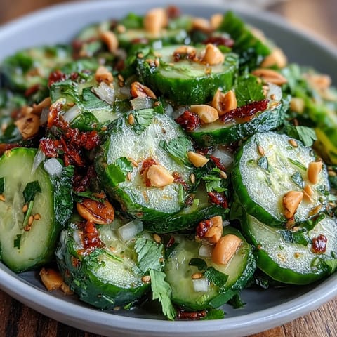 Crunchy smashed cucumber salad tossed in a vibrant garlic chili oil dressing, garnished with sesame seeds and scallions.