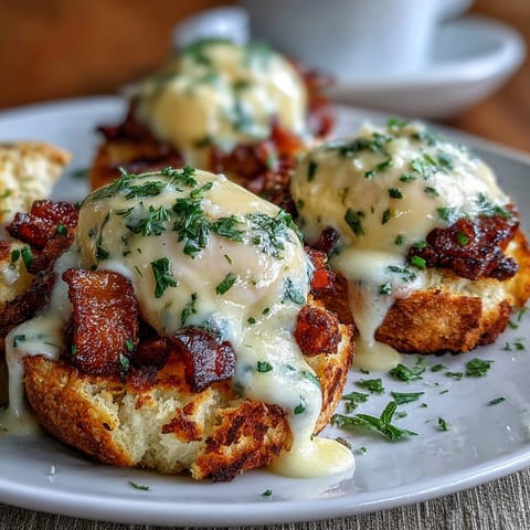 Fluffy poached eggs with Canadian bacon and creamy hollandaise sauce on toasted English muffins, perfect for brunch or special occasions.