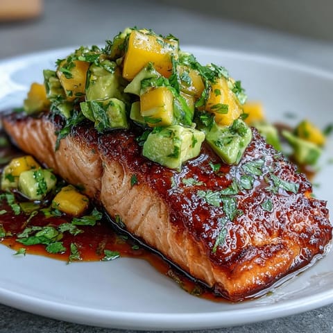 Baked salmon with mango avocado salsa, tender and flaky, topped with a vibrant, zesty tropical fruit relish.