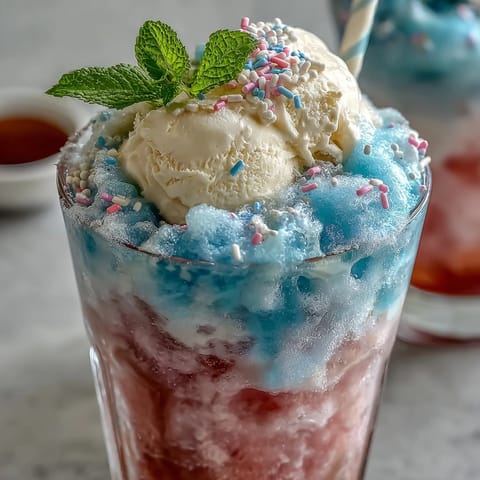 Refreshing Cotton Candy Lemonade Float with a scoop of vanilla ice cream and fluffy cotton candy swirls in a chilled glass, garnished with lemon and mint.